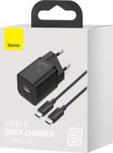 Baseus Φορτιστής με Θύρα USB-C και Καλώδιο USB-C 25W Μαύρος (Γρήγορη φόρτιση Power Delivery)